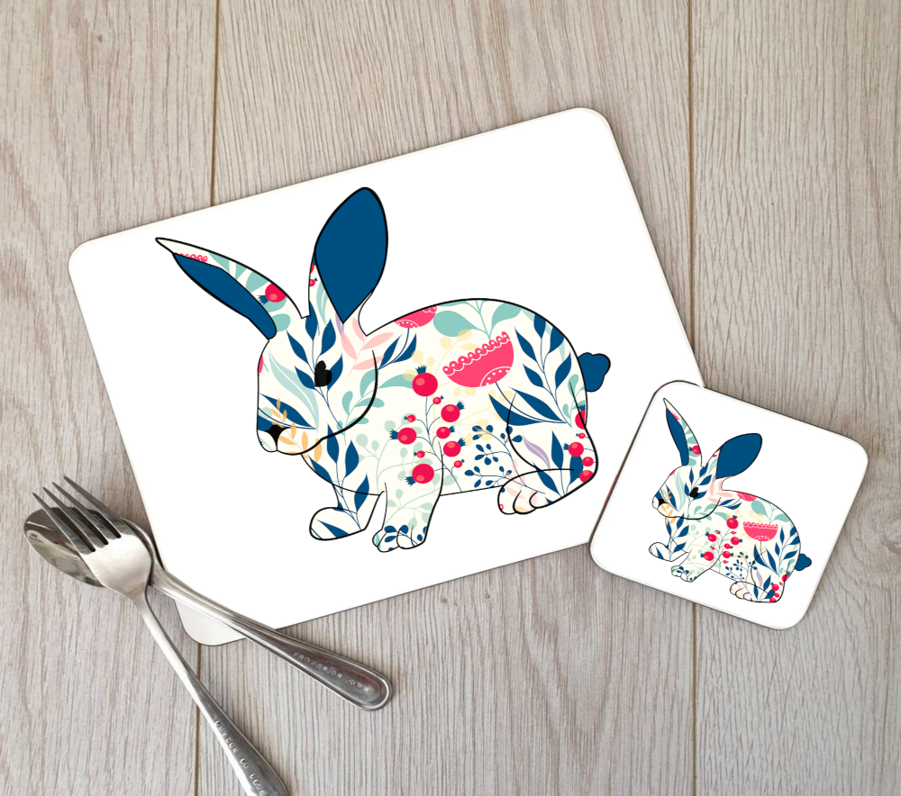 Rabbit Hardboard Placemat and Coaster Set